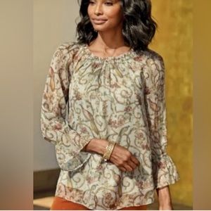 Soft Surroundings Grey Scroll Bird Print Baroque Aitana Chiffon Top M EUC